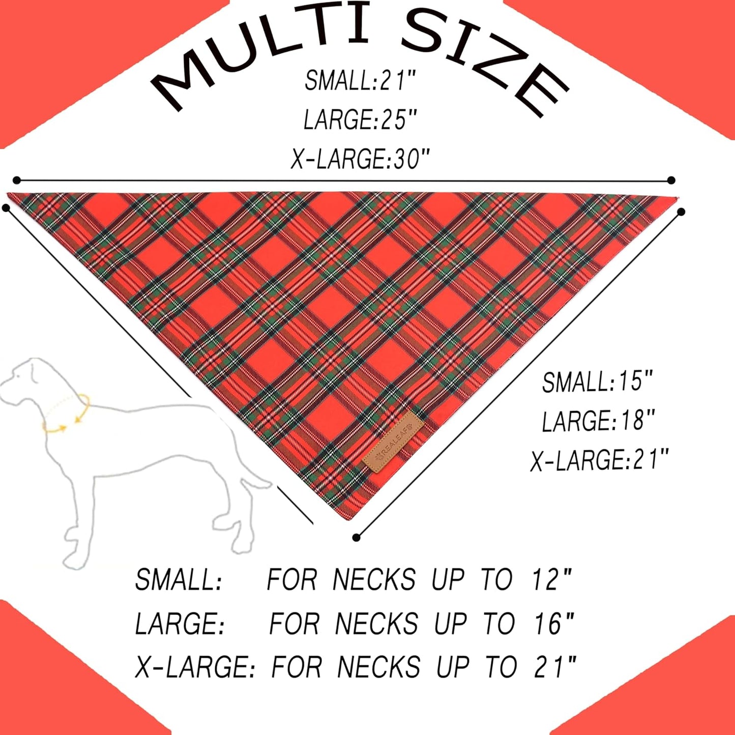 Realeaf Christmas Dog Bandanas 2 Pack, Reversible Red Green Plaid Dog Scarf, Xmas Pet Bandana, Premium Durable Fabric, Holiday Check Bandana for Large and Extra Large Dogs Pets (X-Large)