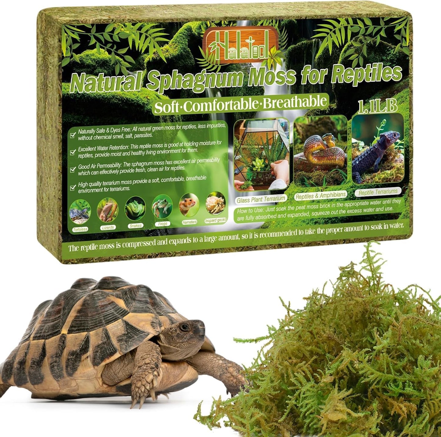 Halatool 1.1LB Natural Sphagnum Moss for Reptiles- 25QT Green Live Moss for Terrarium Plants Long Fiber Reptile Moss for Leopard Gecko Snake Hamsters Tortoises Frogs Lizards Salamanders