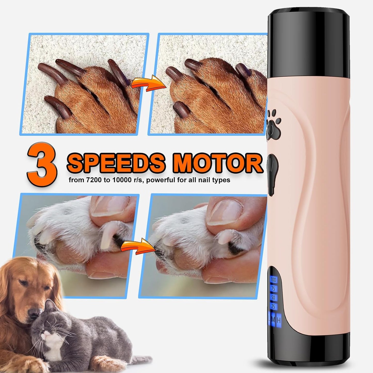 YABIFE Dog Nail Grinder, Dog Nail Trimmers and Clippers Kit, Super Quiet, Rechargeable, for Small Large Dogs Cats Toenail Claw Grooming,3 Speeds