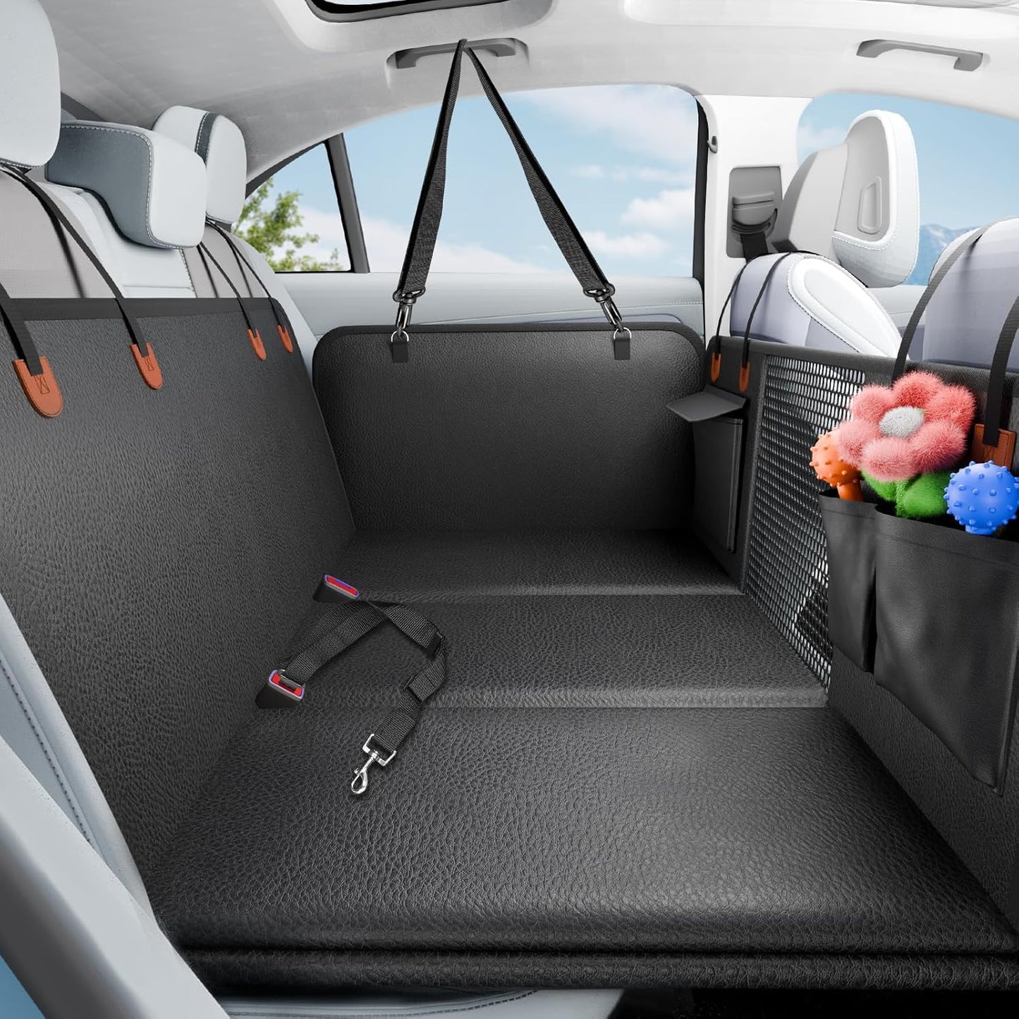 Back Seat Extender for Dogs, Dog Car Seat Cover for Back Seat with Hard Bottom,Waterproof Hammock for Car Pet Backseat Protector,Upgraded PU Leather Material for Car & SUV(Holds 400lbs)