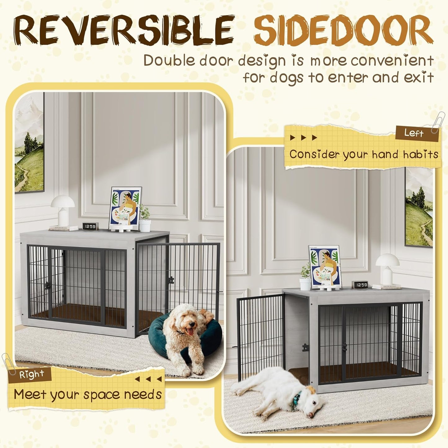 Bigrab Dog Crate Furinture with Thick Cushion, Side End Table Wooden Dog Cage with Double Doors, Chew-Resistant Dog Kennel Dog House Indoor for Small to Large Dog, L (Grey)