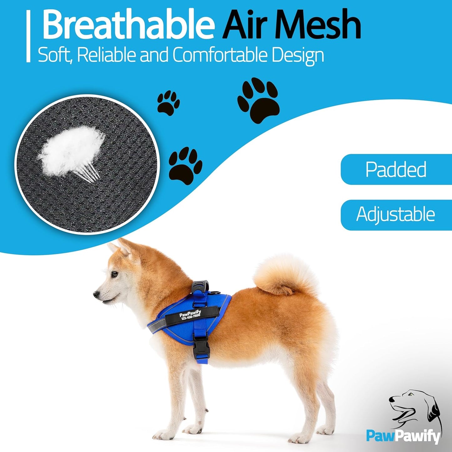 PawPawify Custom No Pull Dog Harness with Name and Phone Number, Heavy Duty Personalized Pet Vest to Prevent Tugging, Pulling, or Choking, Training and Walking (New Blue, S (10-19LBS))
