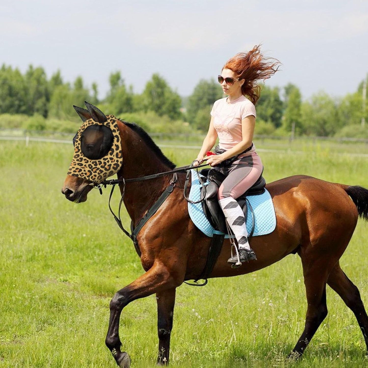 Horse Fly Mask with Ears - Comfort Fit, Durable & Breathable, Easy to on/Off | UV Protection, Large Eye Space, Stretchy Leopard Print (2pcs Medium, Tangle-Free)