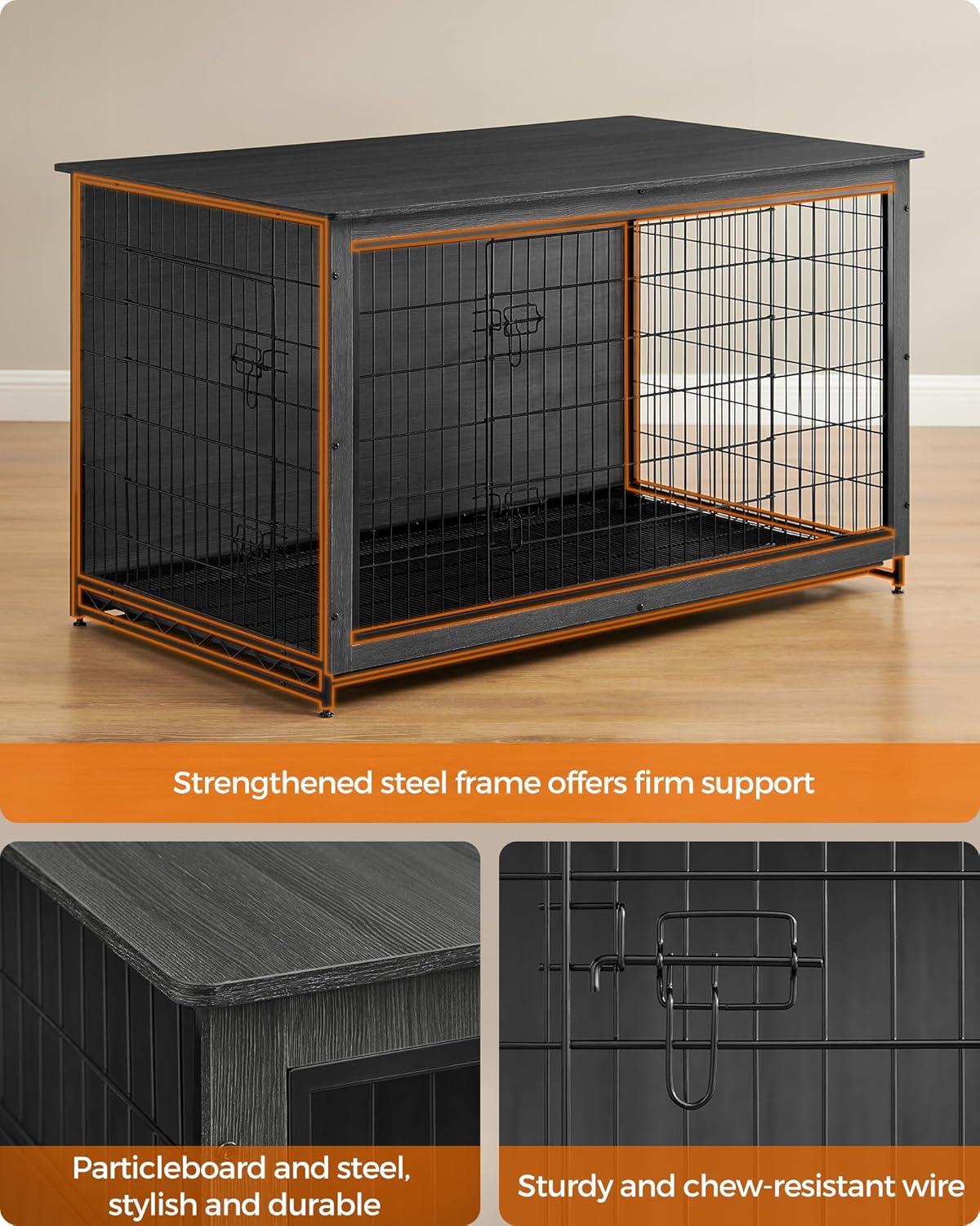 Feandrea Dog Crate Furniture, 56.1" Modern Kennel for Dogs Indoor up to 105 lb, Heavy-Duty Dog Cage with Multi-Purpose Removable Tray, Double-Door Dog House, Ink Black UPFC005B01