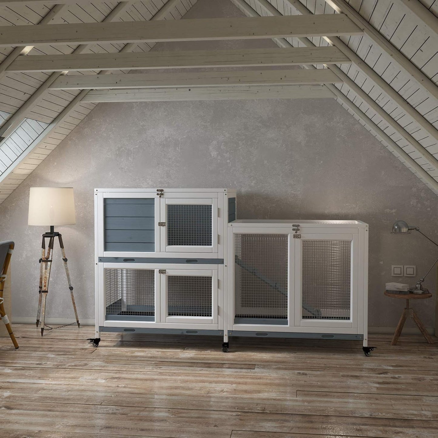 GDLF Two Floors 58" Wooden Indoor Bunny Hutch Rabbit Cage on Wheels Guinea Pig PET House for Small to Medium Animals Waterproof No Leak Tray