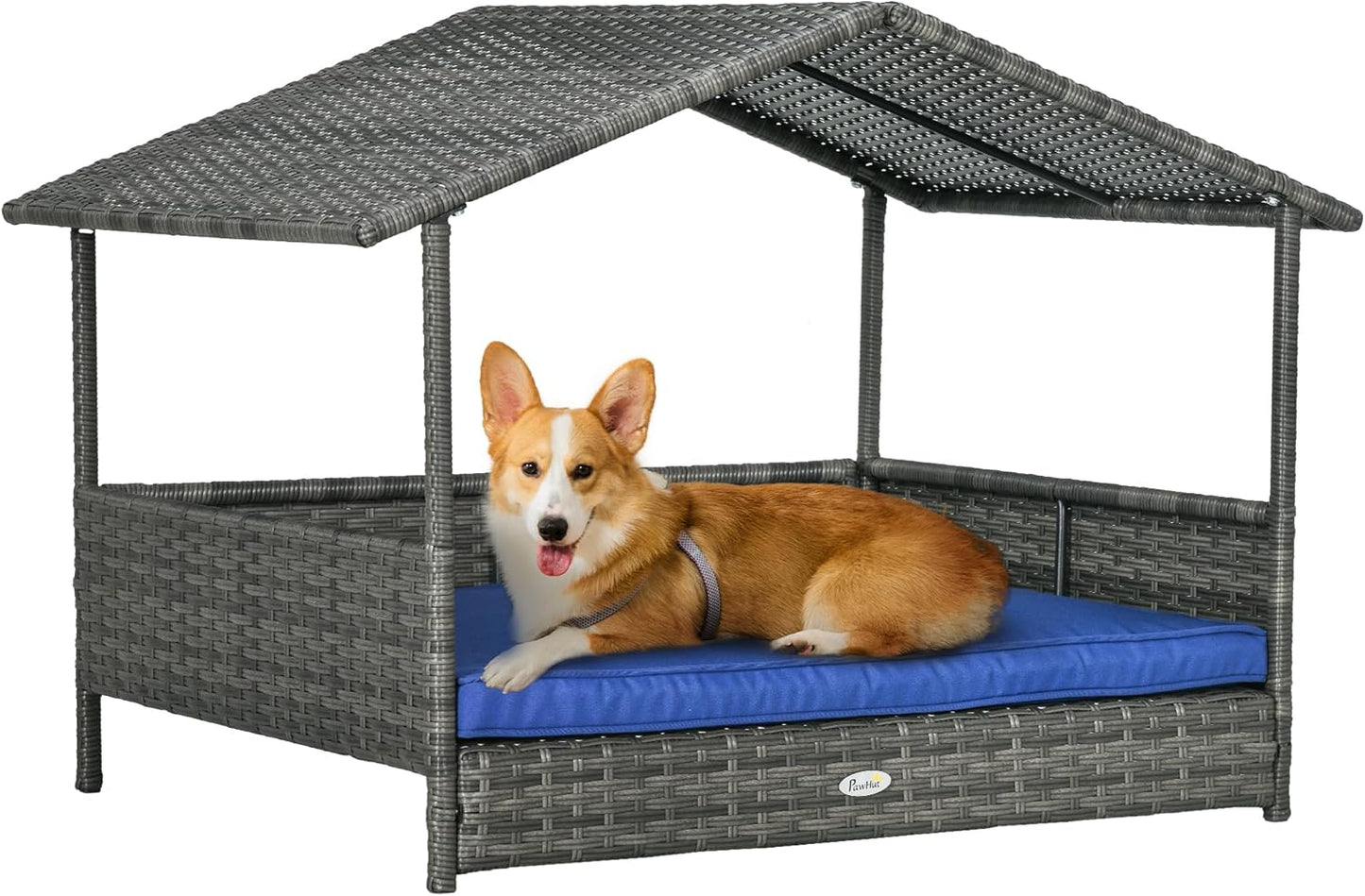 PawHut Wicker Dog House Outdoor with Canopy, Rattan Dog Bed with Water-Resistant Cushion, Raised Dog Bed for Small, Medium Dogs up to 66 lbs, 19.75" in Length, Gray Wicker, Dark Blue Cushion