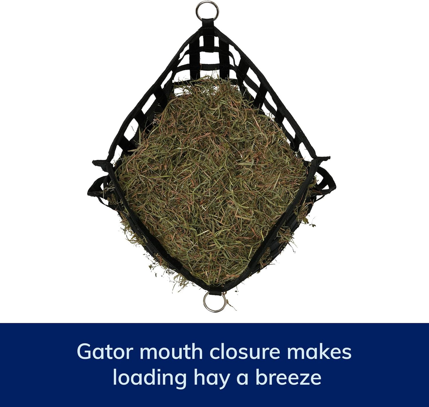 SmartEquine Slow Feed Hay Bag for Horses | Hay Feeder Net with Resistant Nylon | Gator Mouth Enclosure for Easy Loading | Fits 10-15 lbs of Hay | 4 Flakes Bag | 37" x 30" | Black | 2" Holes