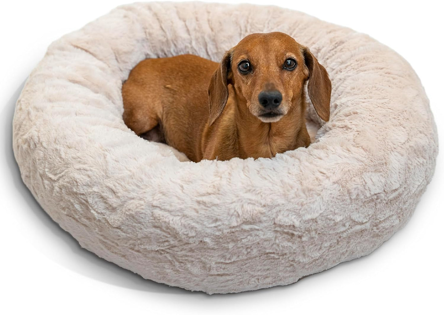 Best Friends by Sheri Original Calming Donut Dog and Cat Bed, Lux Faux Fur, Oyster, (23in x 23in) - Anxiety Relief for Pets Up to 25 lbs