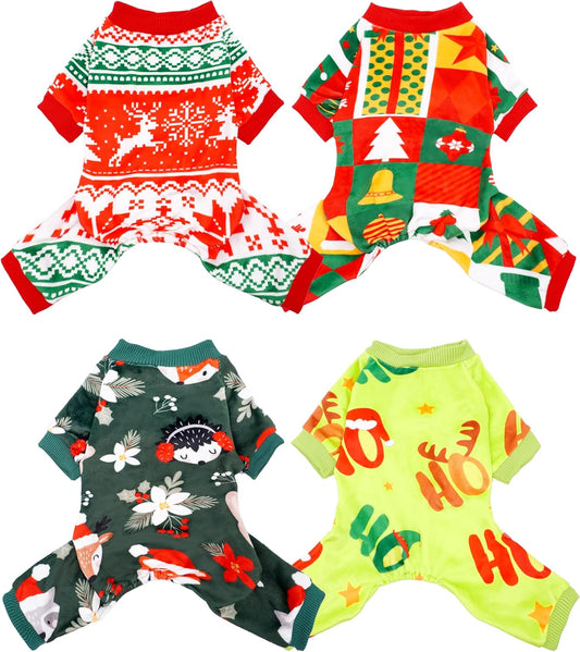 PET SHOW 4 Pack Christmas Dog Pajamas Holiday Dog Clothes for Small Medium Dogs Girl Boy Soft Stretchy PJs Xmas Jumpsuit Puppy Onesies Red Green Outfits with Sleeve Pets Dachshund Costume XXL