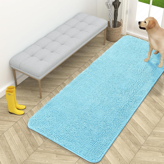 OLANLY Dog Door Mat for Muddy Paws 59x24, Absorbs Moisture and Dirt, Absorbent Non-Slip Washable Doormat, Quick Dry Chenille Mud Mat for Dogs, Entry Indoor Entryway Carpet for Inside Floor, Blue