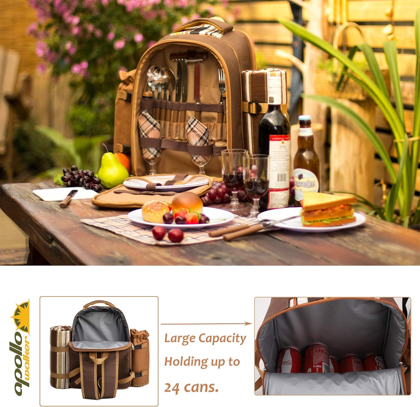 Apollo Walker Picnic Backpack Bag for 4 Person with Cooler Compartment,Wine Bag, Picnic Blanket(45"x53"),Best for Family and Lovers Gifts (Brown)