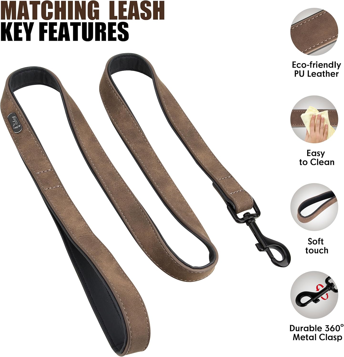 Didog Soft Padded Leather Dog Collar and Leash Set, Adjustable Dog Leash and Collar Set with Metal Buckle, Breathable Dog Collars with 4FT Leather Dog Leash for Small Medium Large Dogs, Brown, XL