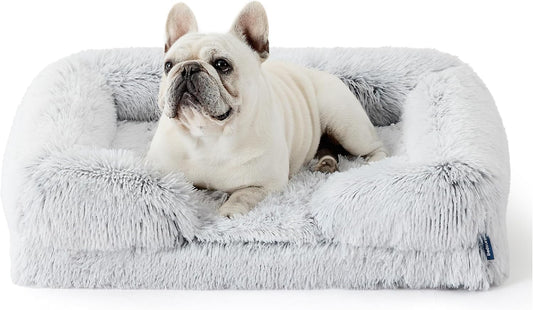 Bedsure Orthopedic Dog Bed Medium Size Dogs - Washable Medium Dog Cat Bed Waterproof, Comfort Pet Couch Sofa with Washable Removable Cover, Pets Bed with Nonskid Bottom, Long Faux Fur-Misty Grey, 28"