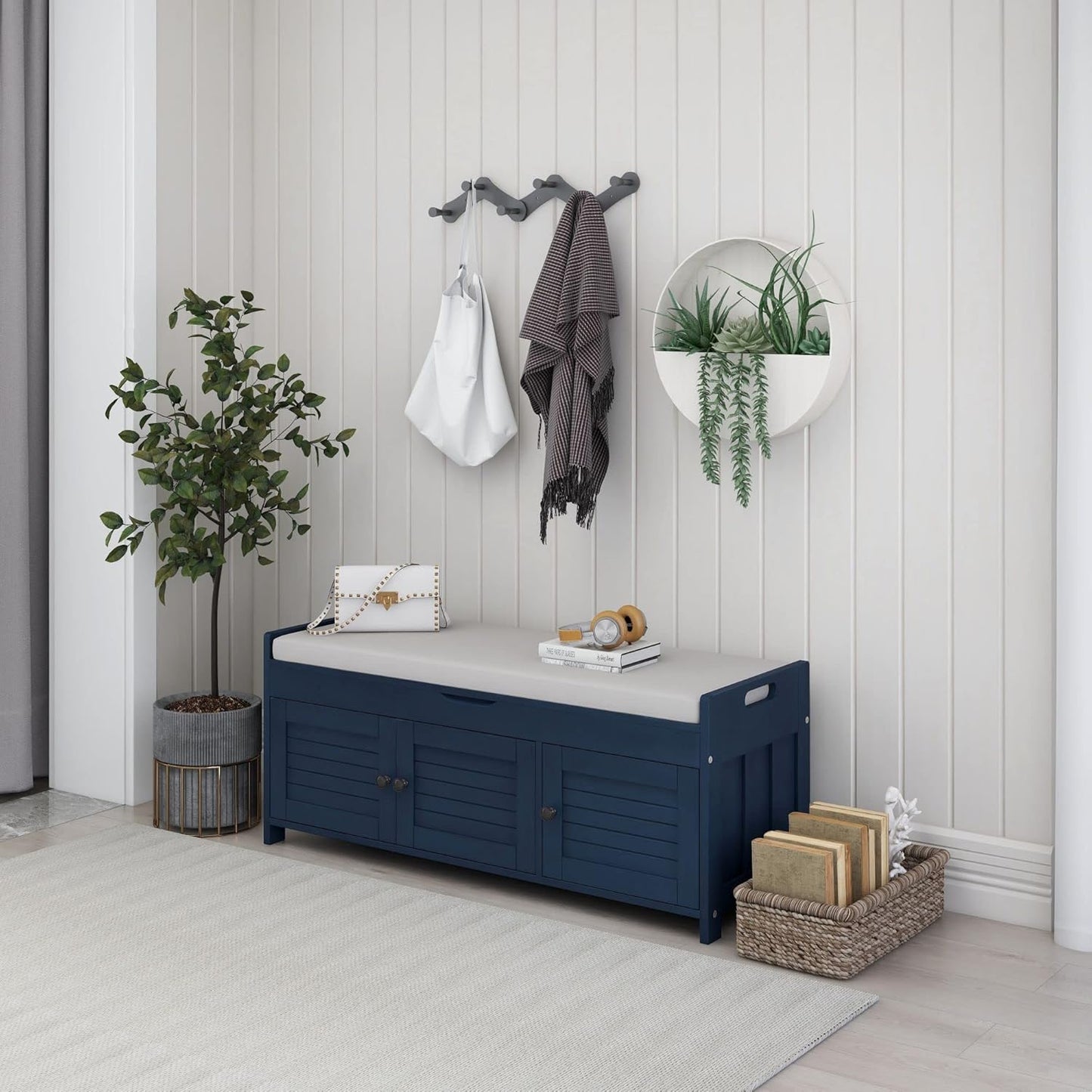 Storage Bench with 3 Shutter-Shaped Doors, Pine Wood Shoe Bench with Removable Cushion and Hidden Storage Space for Entryway Living Room 43.5" L * 16" W * 18" H, Antique Navy