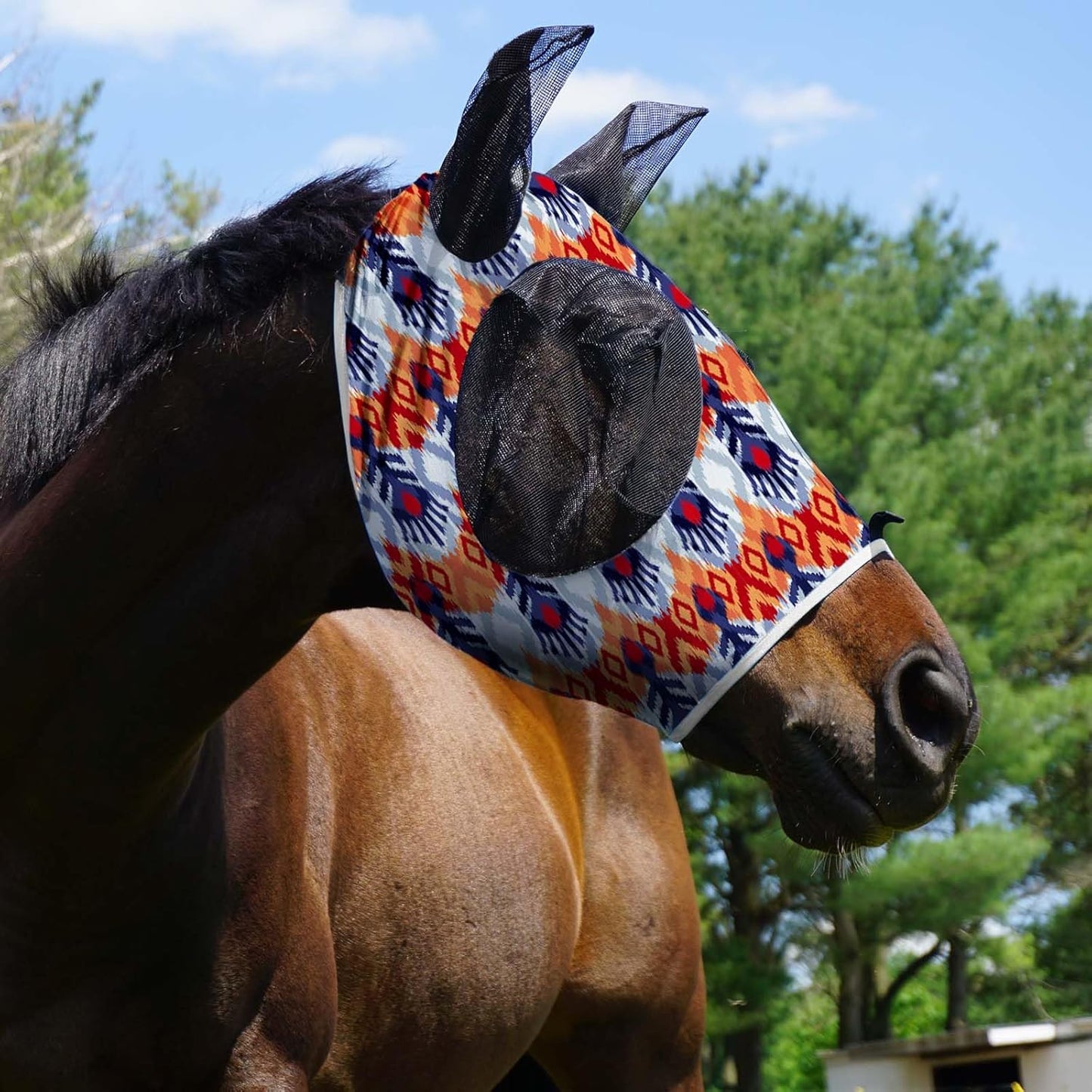 Harrison Howard Super Comfort Stretchy Fly Mask Large Eye Space with UV Protection Soft on Skin with Breathability Tribe Feather Full Size