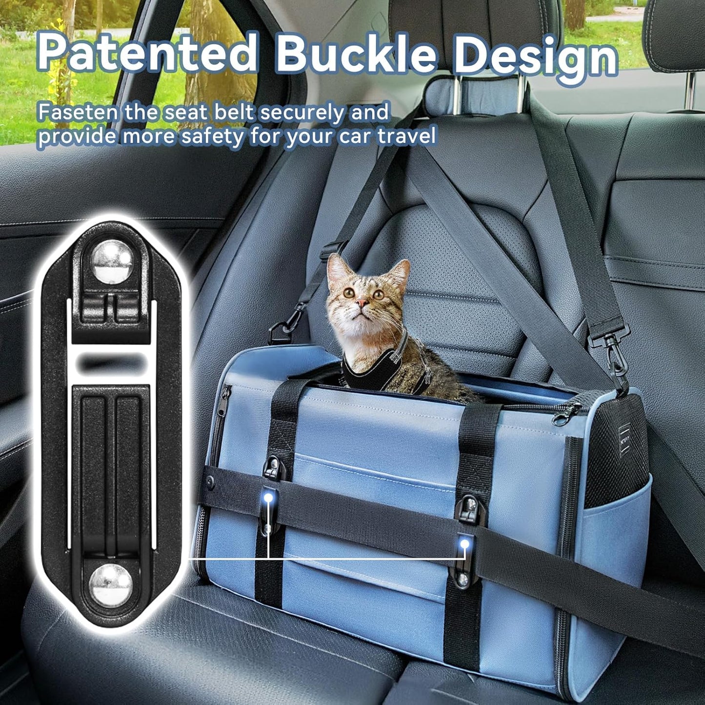 PETSFIT Soft-Sided Cat Carriers & Car Seats with Patent Safe Buckles, Clip-On Harness，18"x11"x11" Airline Approved Pet Carrier - 9 lbs Capacity (Blue)