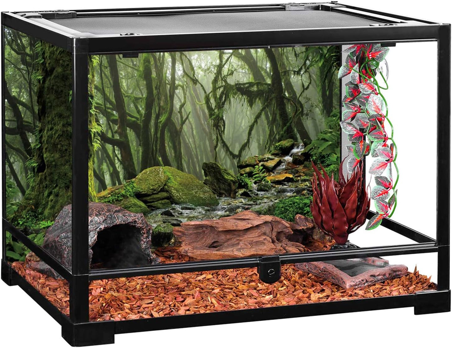 AWERT Foggy Forest Terrarium Background Stream Green Huge Tree Reptile Habitat Background Tropical Rainforest Aquarium Background 36x20 inches Durable Polyester Background