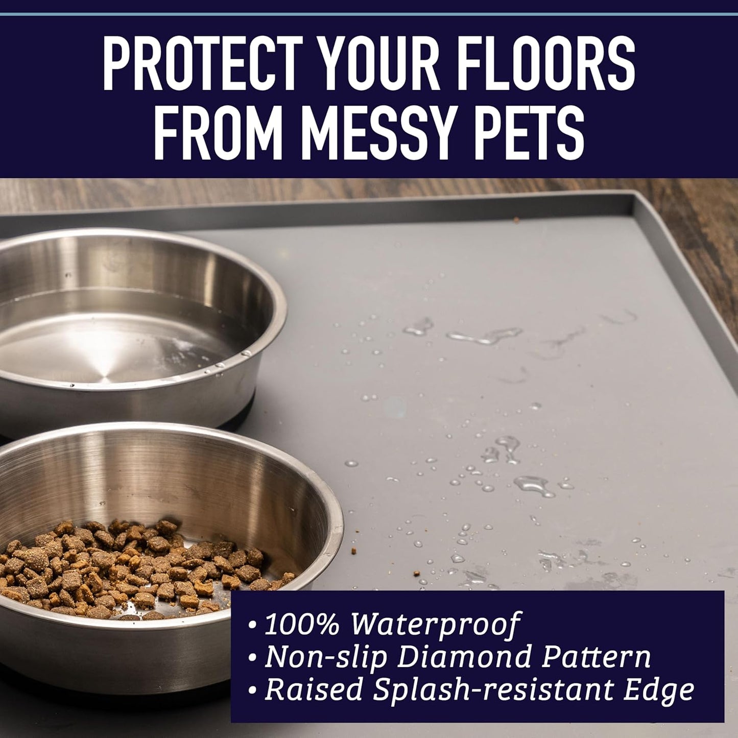 Leash Boss Dog Food Mat for Food and Water Bowls, Waterproof Silicone Pet Feeding Mat for Floors, Extra Tall Raised Edges, Cat and Dog Placemat for Floors, Dishwasher Safe (XXL: 30" x 22" - Navy)