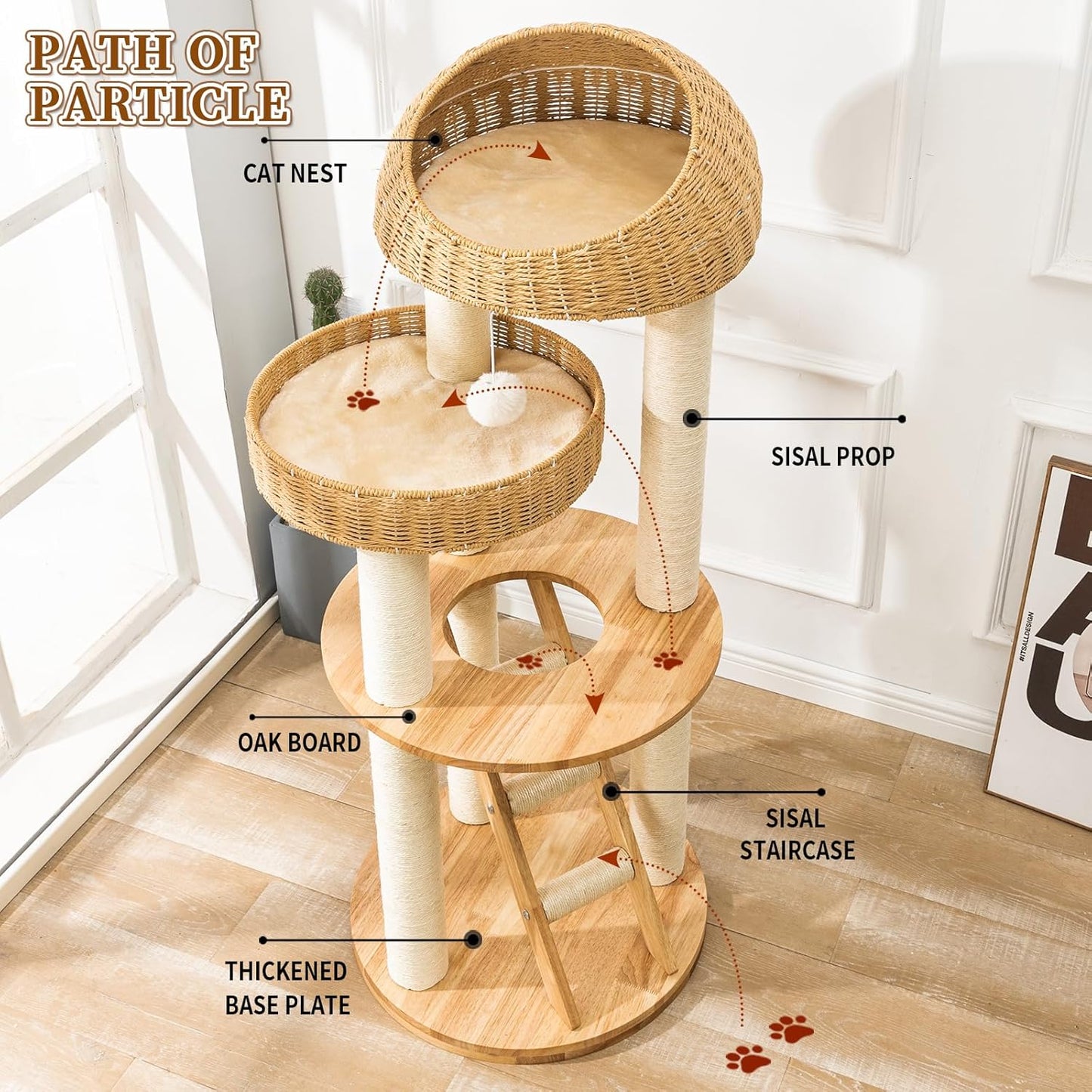 Big Modern Design Cat Tree Tower, Cat Tower Sisal-Covered Scratching Posts for Indoor Cats, Natural Oak Wood Cat Tree for Large Cats, Multi-Level Cat Condo with Sisal Staircase