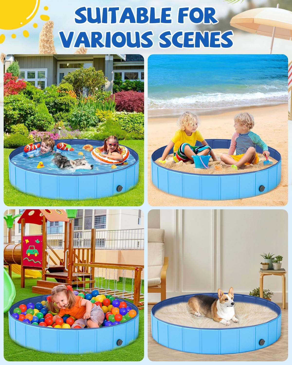 YSJILIDE Portable Dog Pool PVC Pet Swimming Pool Bathtub Collapsible Dog Pool, Hard Plastic Pool for Pets to Swim and Bath (L-64"x 12" Blue)