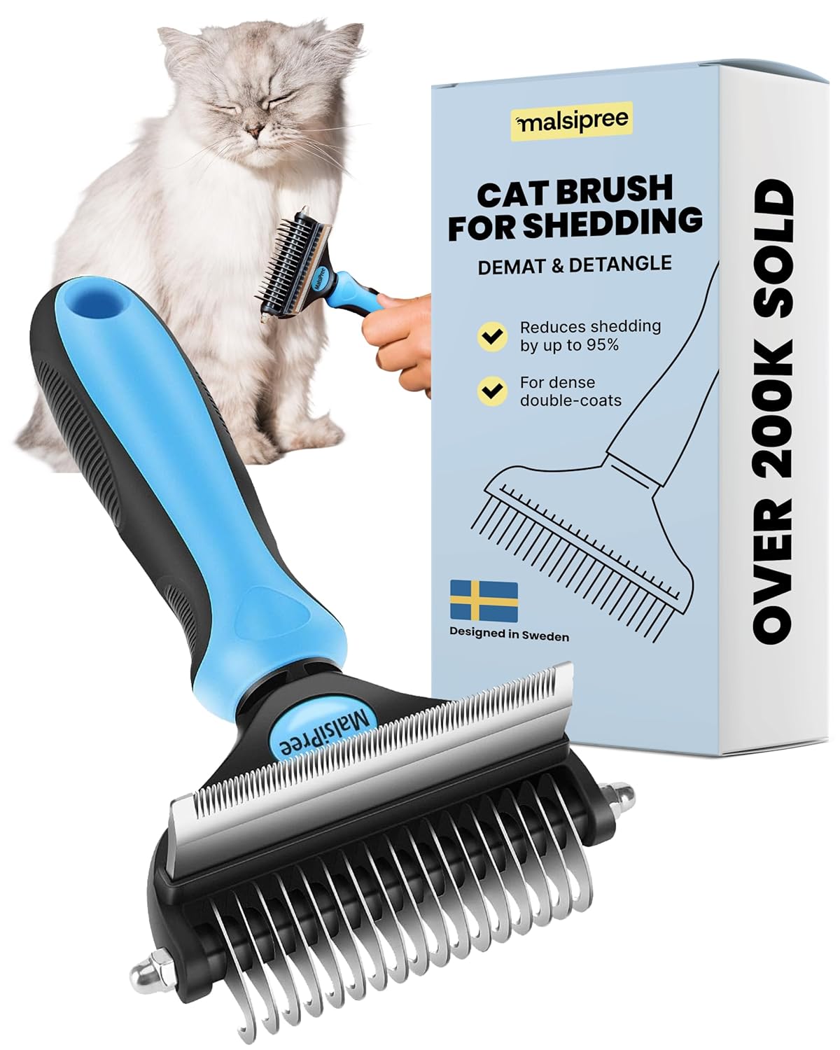 MalsiPree Cat Shedding Brush - 2 in 1 Deshedding Tool & Undercoat Rake for Dense Double-Coats - Dematting Comb - Deshedding Brush for Cats - Pet Hair Removal Tool (Blue) - Dog Grooming Supplies
