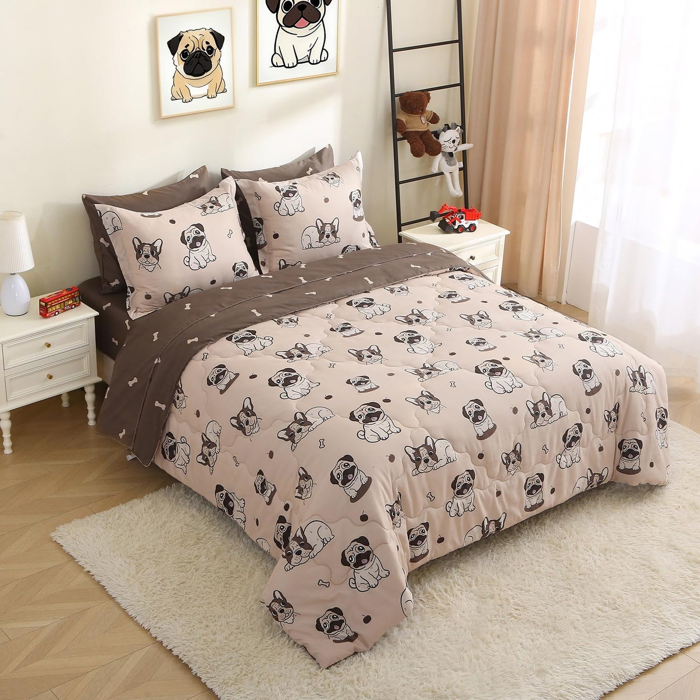 Kids Comforter Set 7 Piece Bedding Cute Dog Cartoon Animal Bed Microfiber Comforter Queen Size All Season (1 Comforter, 1 Flat Sheet, 1 Fitted Sheet, 4 Pillowcase)