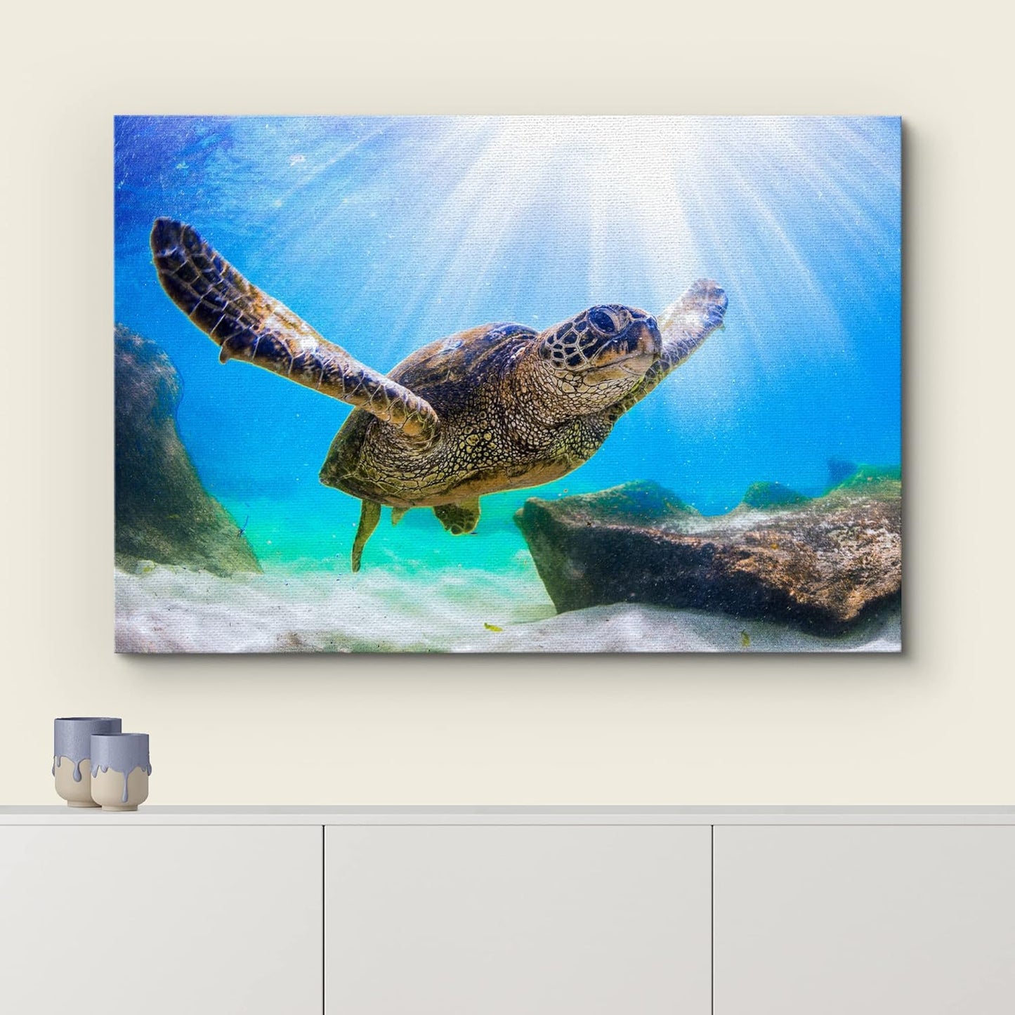 wall26 Canvas Print Wall Art Sunlight Ray Tropical Turtle Swimming Ocean Nature Animals Photography Realism Rustic Scenic Landscape Wilderness Colorful for Living Room, Bedroom, Office - 24"x36"
