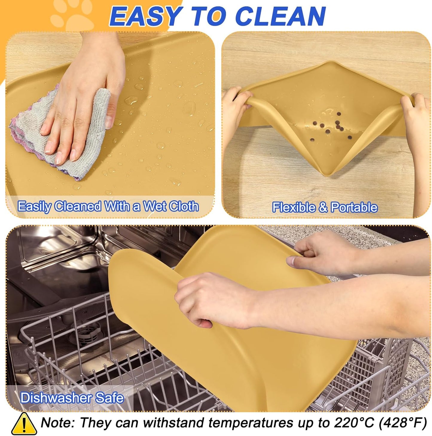Silicone Pet Feeding Mat with Raised Edge for Food and Water, Dog Bowl Mats, Cat Bowls Placemat with High Lip for Floor Waterproof, Rubber Tray for Cats and Dogs 19 x 12 x0.7 Beige