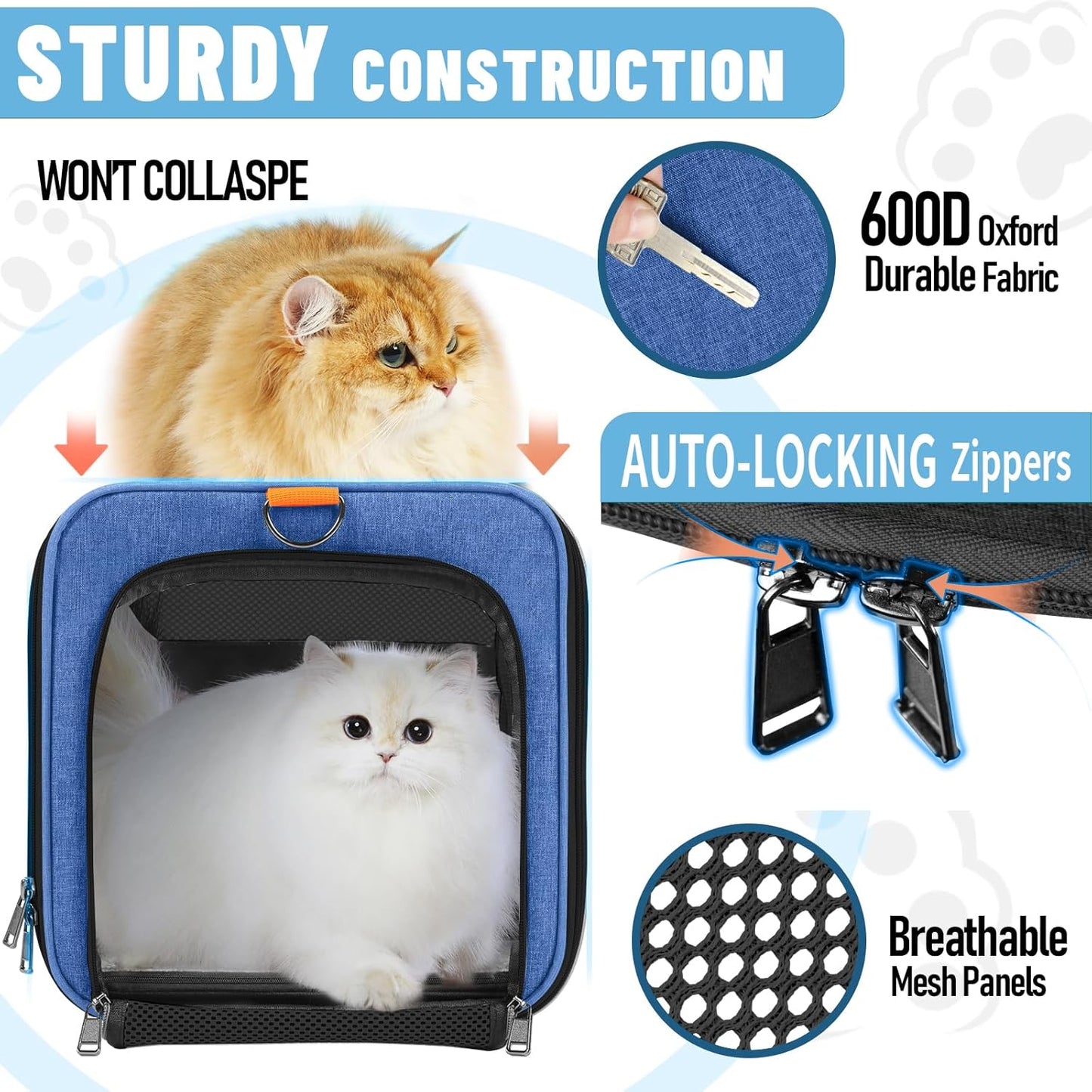 Pet Carrier Large Cats 20 lbs Top Load/Soft Sided Small Dog Travel Carriers/Collapsible Carrier Bag for Medium Cat Puppy/Sturdy Transport Carriers Long Trips/Medium Cats 15 pounds Blue