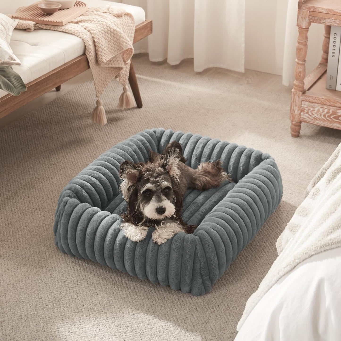 Dog Beds Medium Sized Dog, Washable Orthopedic Pet Bed with Removable Cover, Rectangle Soft Calming Sleeping Puppy Bed Durable Pet Cuddler with Anti-Slip Bottom, 30"x24"x8" Grey