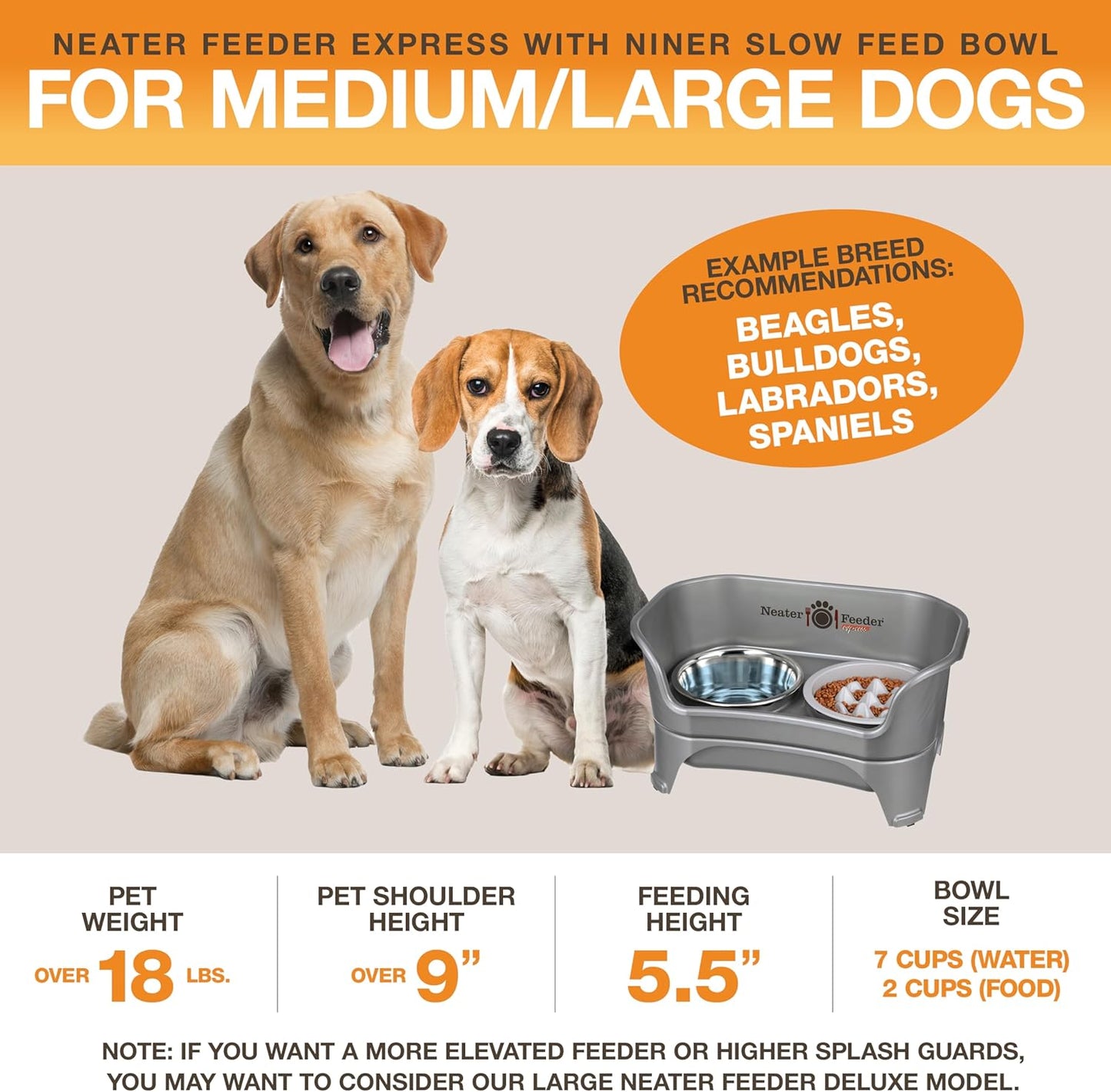 Neater Feeder Express Mess Proof Dog Bowls Elevated for Medium and Large Breed – Made in USA – No Spill Raised Slow Feeder Elevated Dog Bowl Stand, Slow Feed Food and Water Bowl Set, Grey