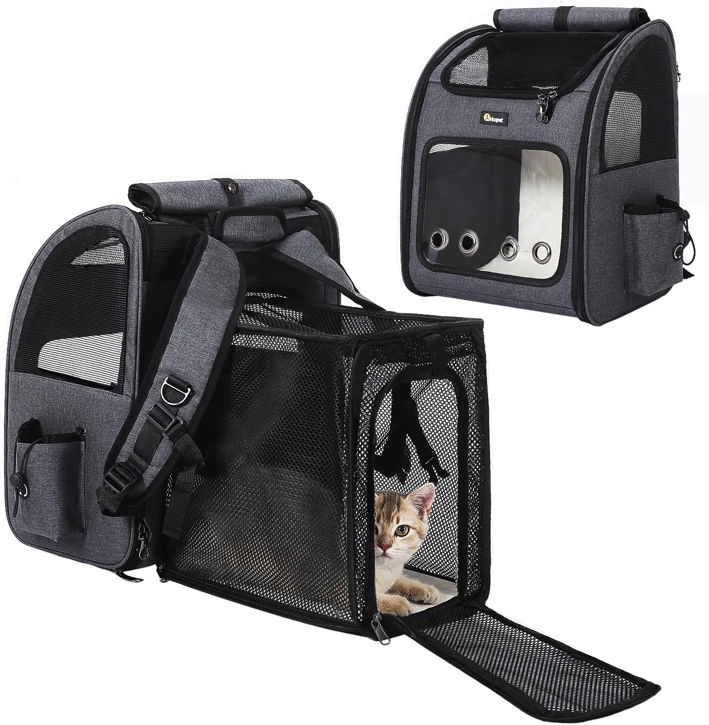 Hoopet Expandable Cat Backpack Carrier – Breathable Pet Carrier for Small Cats & Dogs, Foldable Travel Backpack with Mesh Ventilation for Hiking, Walking, Camping, Dark Grey