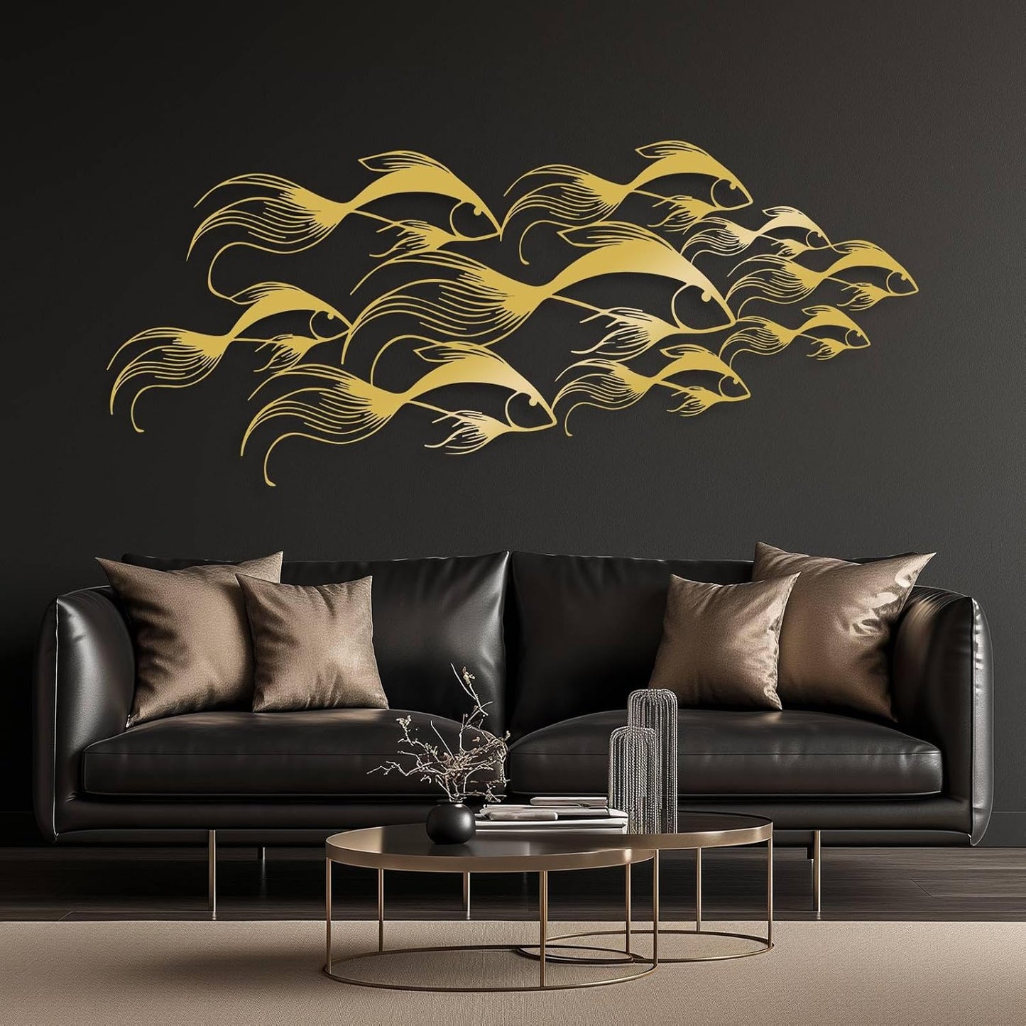 School of Fish Metal Wall Art, Metal Fish Wall Decor, Sea Life Wall Art, Large Nautical Wall Hanging, Modern Beach House Wall Decor, Ocean Themed Artwork for Bathroom (Silver, 35"x15" | 90x38cm)