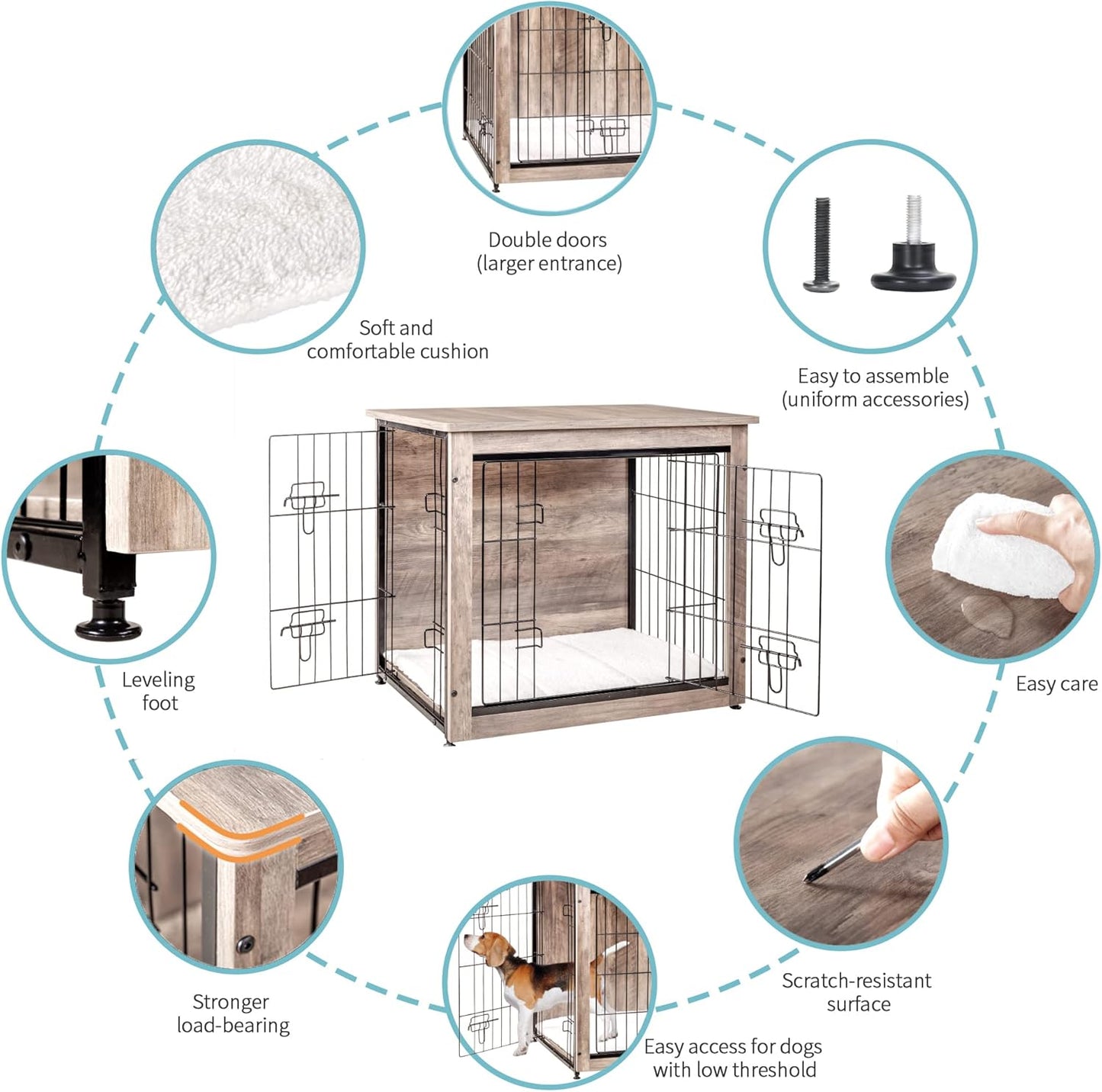 DWANTON Dog Crate Furniture with Cushion, Wooden Kennel Table with Double Doors, Indoor Dog House, Small/Medium/Large/Extra Large Size, 27.2" L, Greige