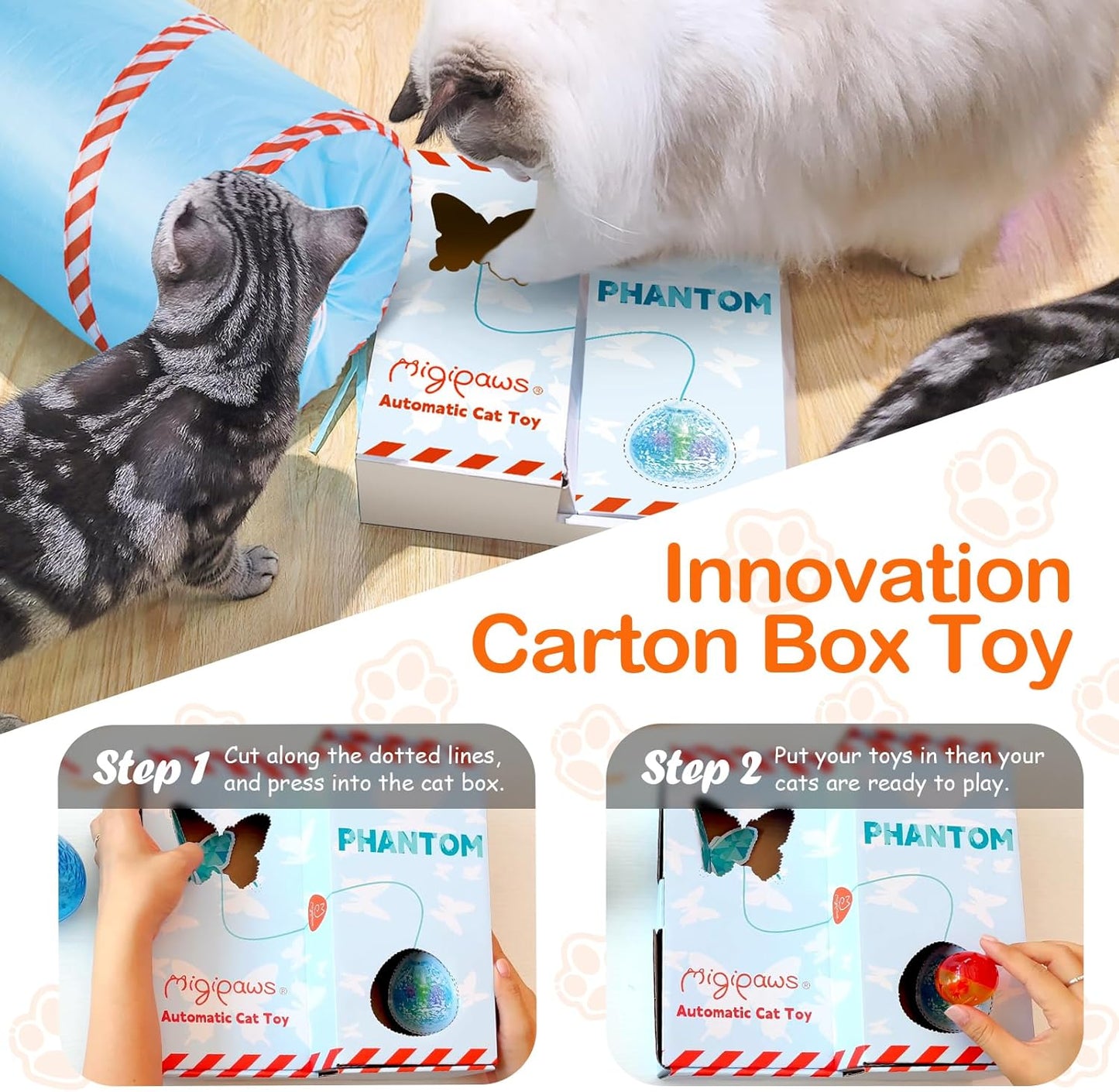 Migipaws Cat Toys, Interactive Cat Toy for Indoor Cats,Upgraded Moving Shadow of Butterfly Feather Project on Cat Tunnel, Cardboard Box Toys, Rechargeable 2.0