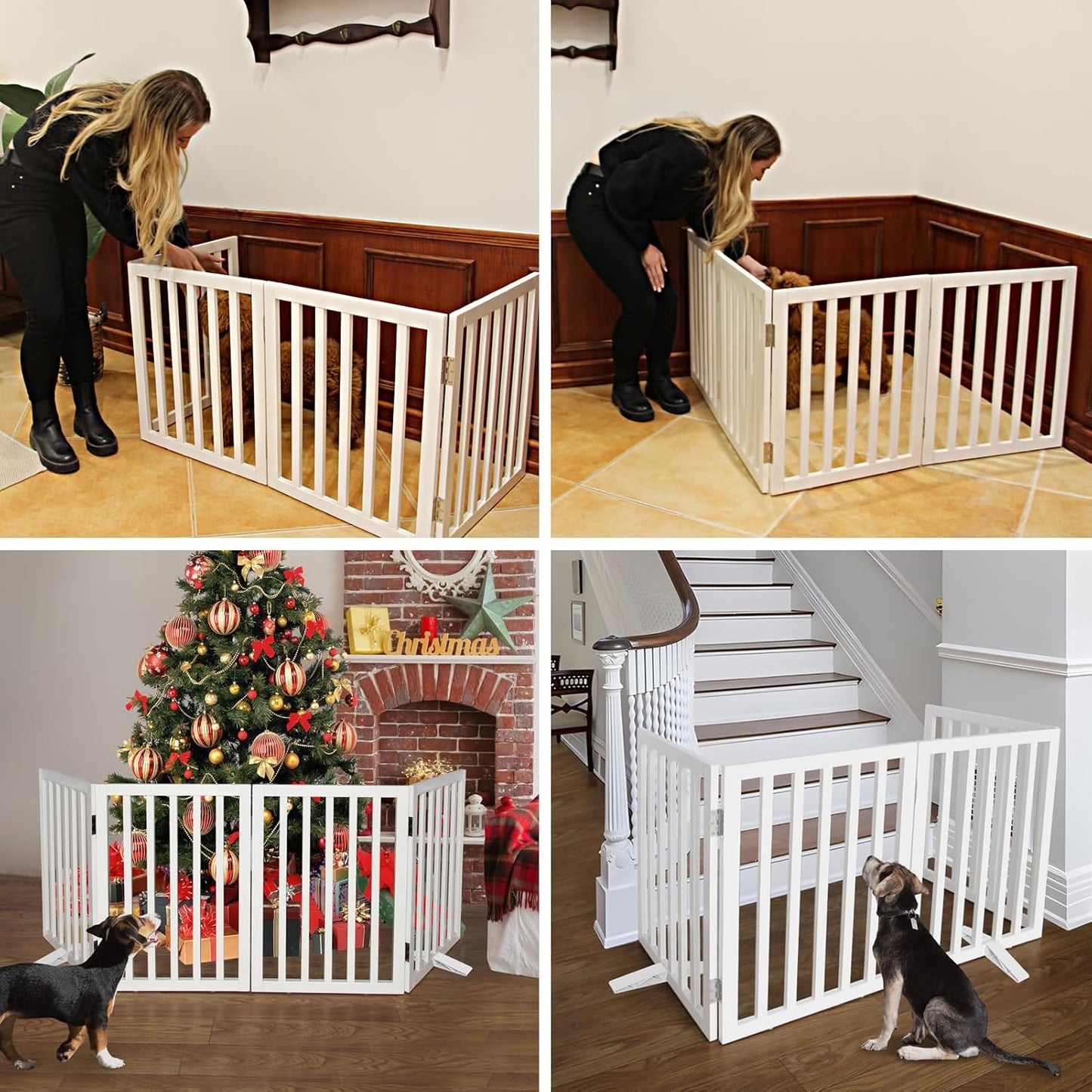 ZJSF Freestanding Indoor Dog Gate for House Foldable Wood White Puppy Gate for Doorways Pet Gate for Stairs Extra Wide Pet Fence 32" Height 6 Panels