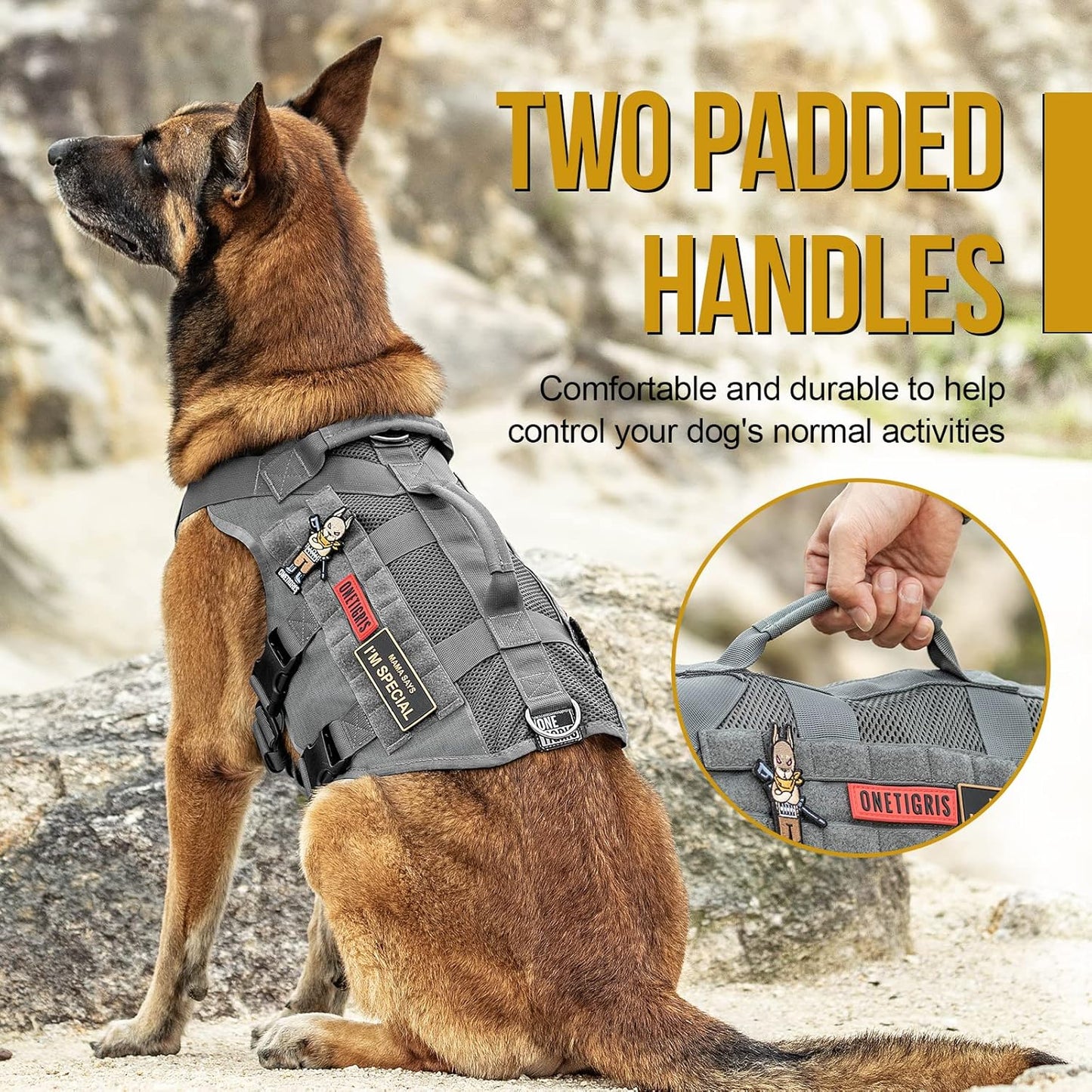 OneTigris Tactical No Pull Dog Harness for Large Dog, Mesh Design Dog Vest Harness Breathable Military Dogs Molle Vests with Handles, Service Dogs Vest Harness for Walking Hiking Training