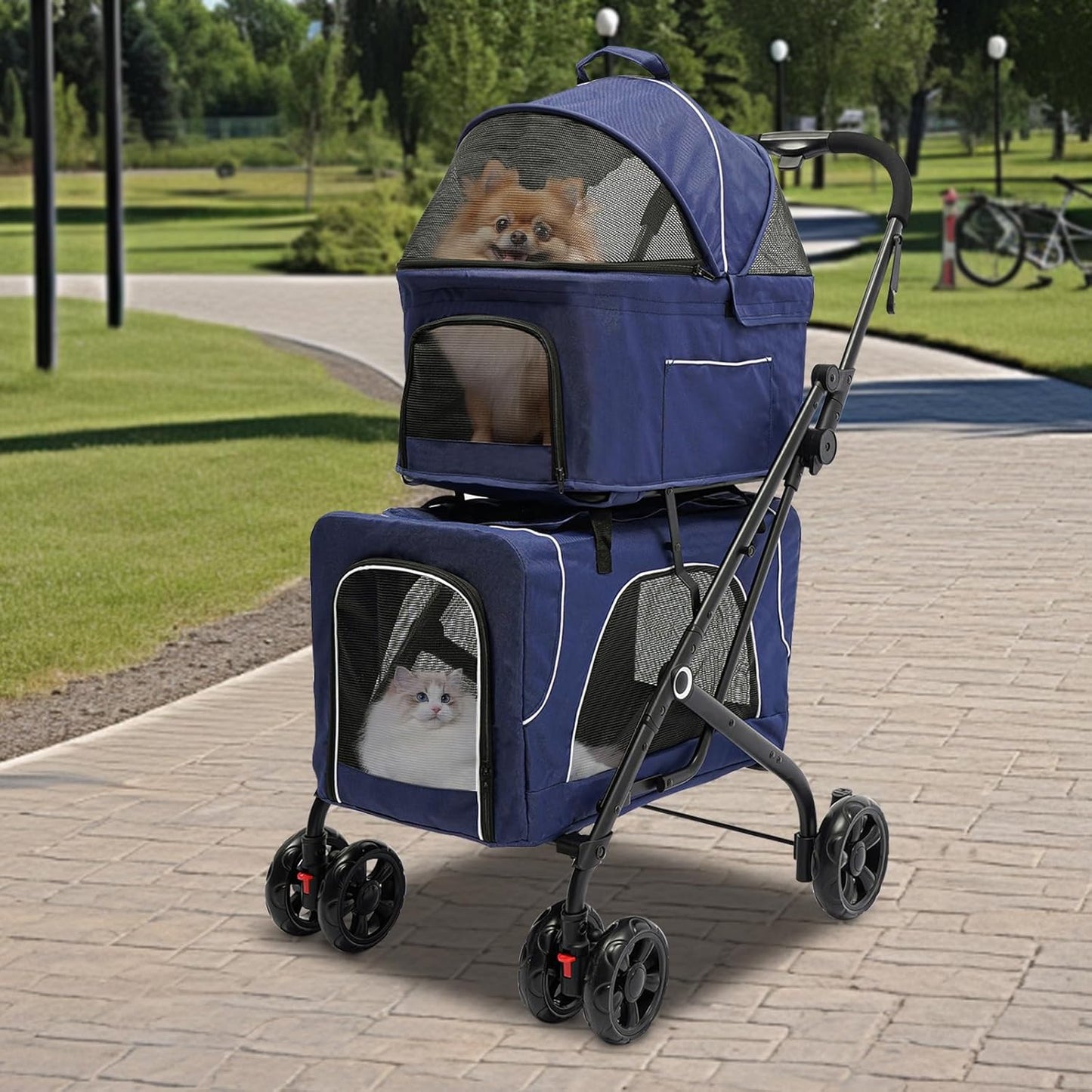 Double Pet Stroller,3.07lbs Dog Cat Carrying Cart,Lightweight Foldable Pet Stroller with 4 Wheels,Blue Portable Compact Pet Travel Cart for Small Dogs and Cats (Blue)