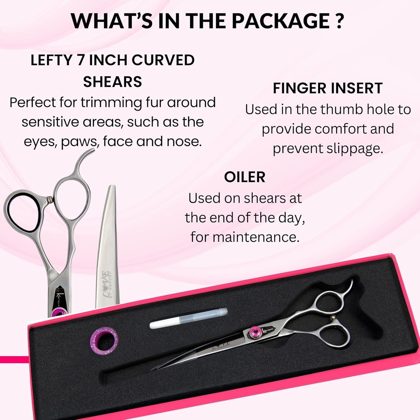 Kenchii Love Left Handed Dog Grooming Scissors, 7 Inch Curved Shears, Dog Scissors for Grooming, Professional Pet Grooming Scissors, Ergonomic & Comfortable