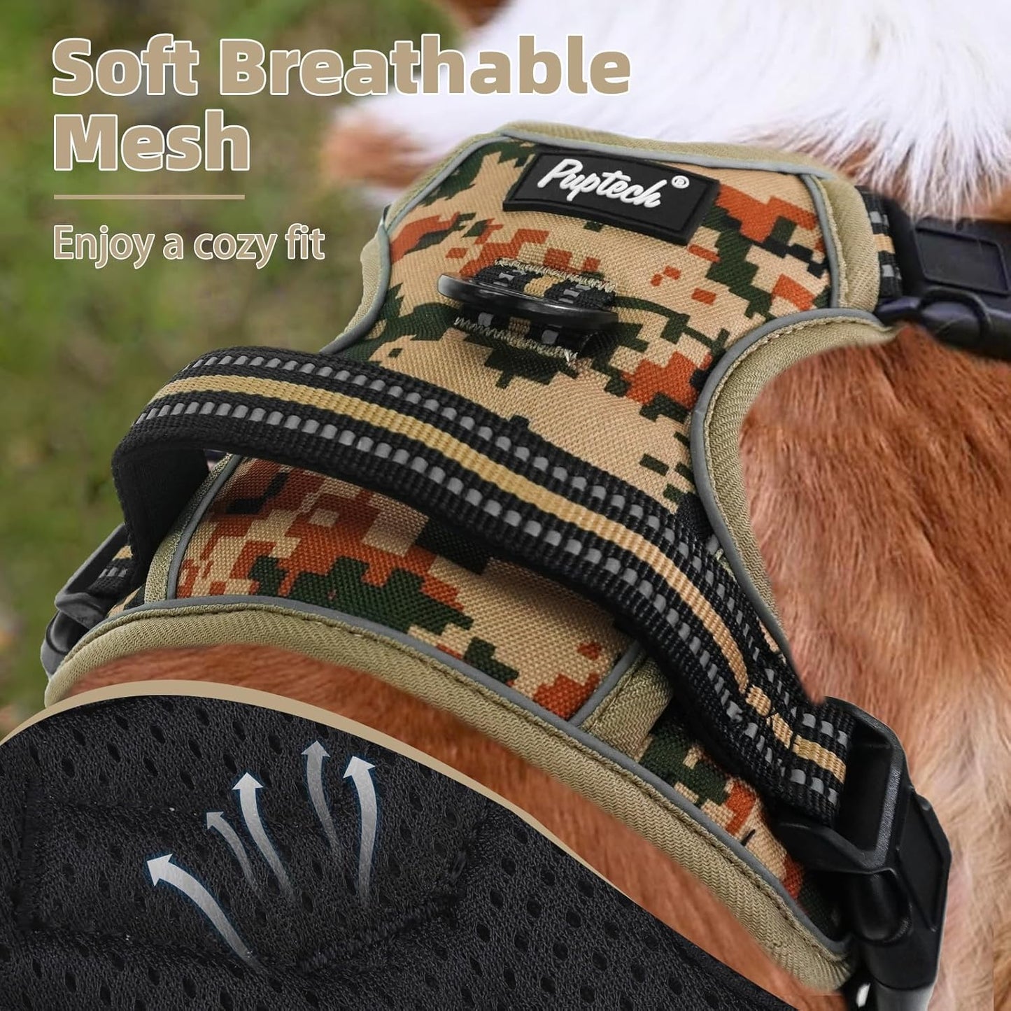 PUPTECK No Pull Dog Harness for Large, Adjustable Reflective Dog Harness with Handle Easy Control, Comfortable Soft Padded Pet Vest Harness for Large Dogs, Camouflage L