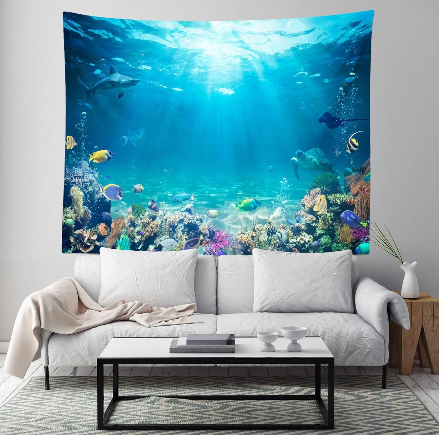 Loccor Underwater World Tapestry Blue Ocean Wall Hanging Under the Sea Coral Reef Wall Tapestry Tropical Fish Tank Undersea Tapestries Marine Wall Art for Bedroom Living Room Dorm Decor 92x70 Inches