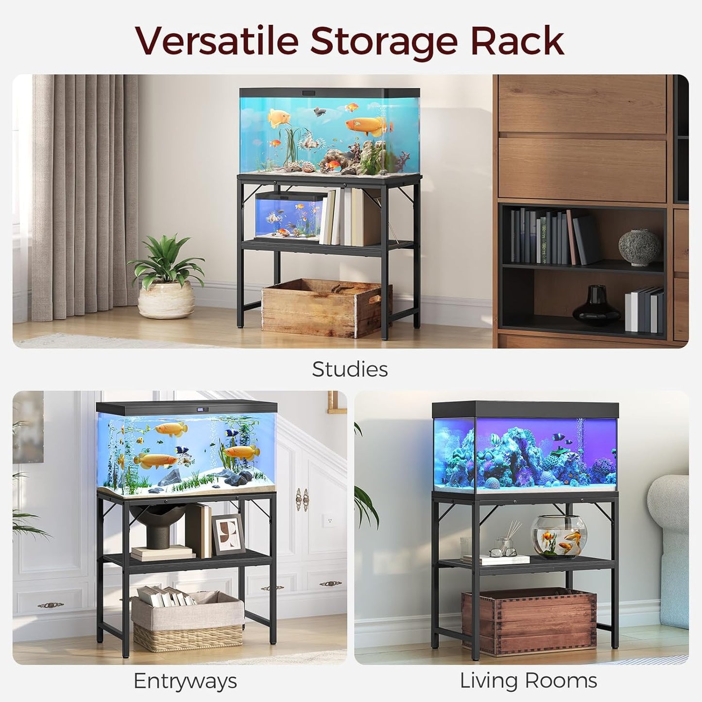 30 Gallon Fish Tank Stand, Aquarium Stand with 2-Tier Storage Shelves, Heavy Duty Breeder Turtle Terrarium Stand Rack for Home Office, 30.0" L x 11.8" W x 24.4" H, Black FTBK3001