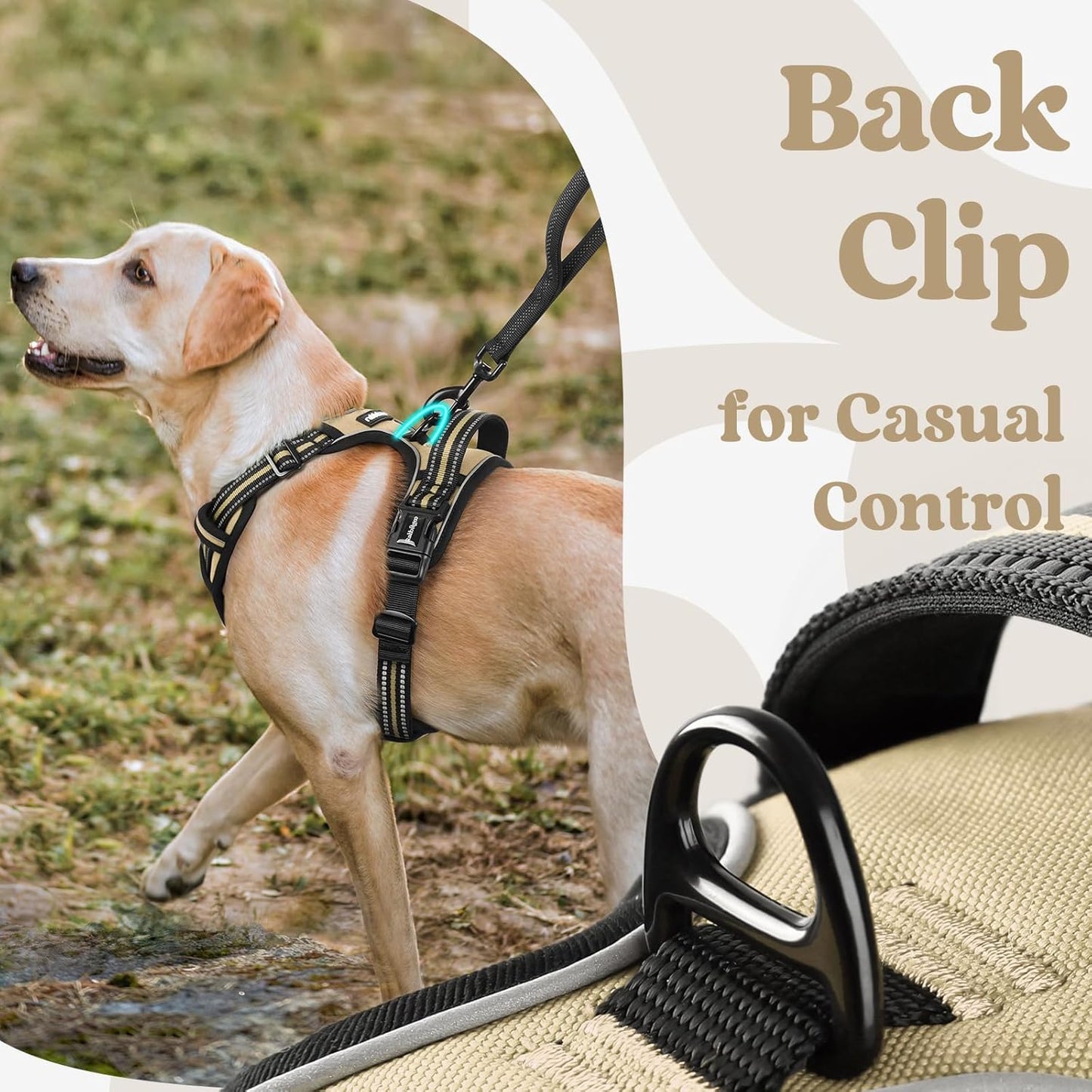 rabbitgoo Dog Harness for Large, No Pull Pet Harness with 3 Buckles, Adjustable Soft Padded Vest with Control Handle, Walking Reflective Pet Vest for Extra Large Dogs, Beige, XL