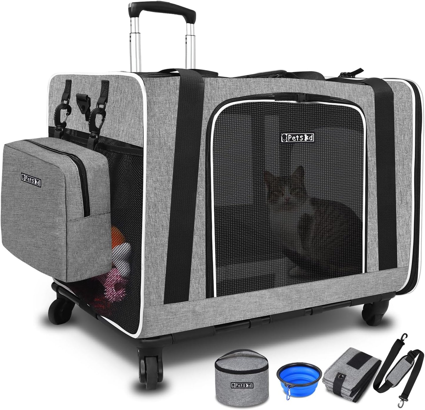 Petskd Extra Large Cat Carrier with Wheels and Litter Box 24"x17"x17" for Large Cat or 2 Small Cats, Collapsible Soft Sided Pet Carrier for Car Travel with Lockable Safety Zippers(Grey)