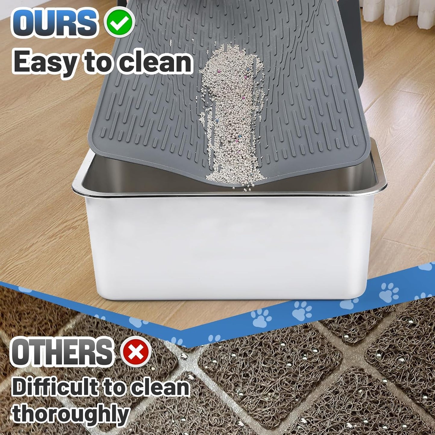Easy Clean Silicone Cat Mat for Litter Box - 33.7" x 22" Waterproof Non-Slip Kitty Litter Trapping Mat for Protecting Floor, Less-Mess Food Water Mat for Indoor, Gray