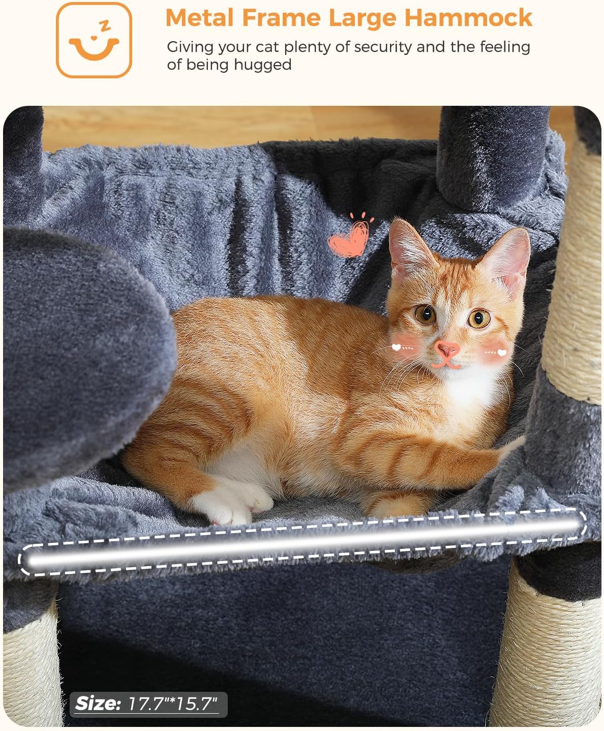 Cat Tree for Indoor Cats, 45.7" Multi-Level Cat Tower with Large Metal Frame Hammock, Cat Condo with 4 Scratching Posts and Top Perch for Small Medium Cat, Dark Grey