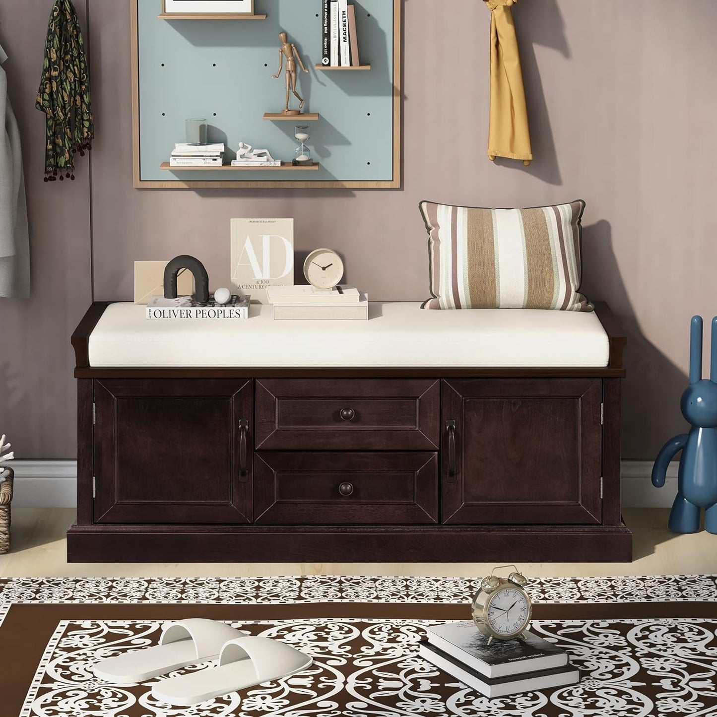 Storage Bench with 2 Drawers and 2 Cabinets, Pine Wood Pine Wood Shoe Bench with Removable Cushion for Living Room, Entryway 42.5" L x 15.9" W x 17.5" H (Espresso)