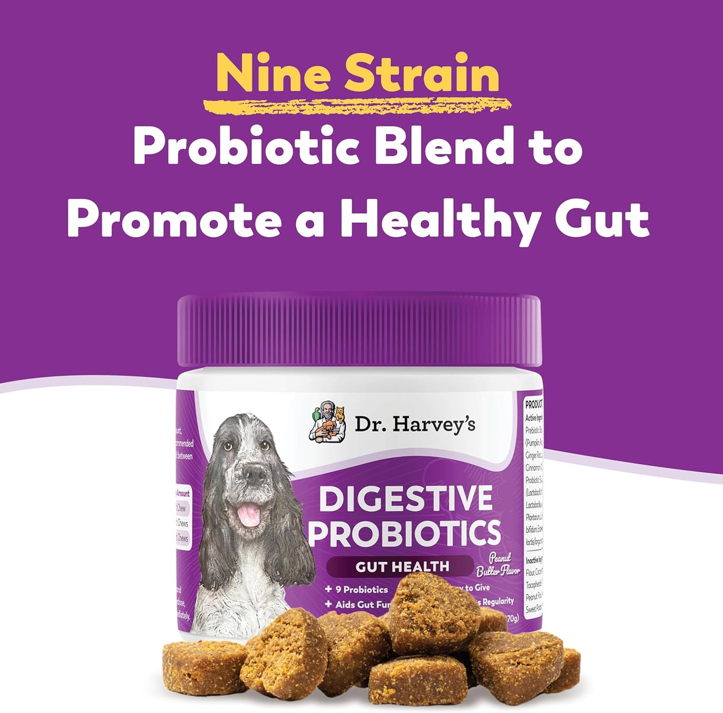 Dr. Harvey's Digestive Probiotic Soft Chews for Dogs, 7 Probiotics for Gut Health, Diarrhea and Bowel Support, Peanut Butter Flavor (90 Chews)