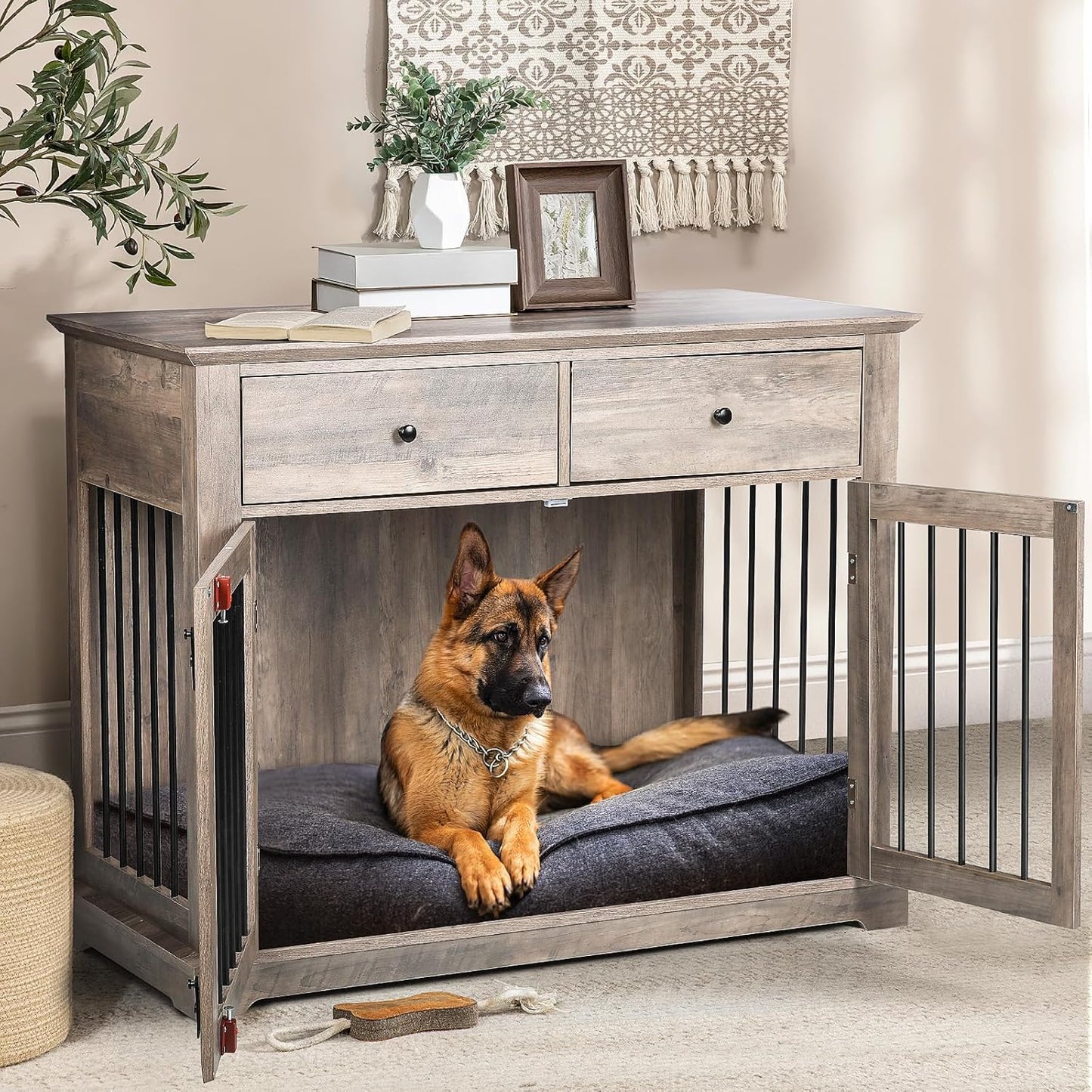 LEMBERI 44 Inch Large Dog Crate Furniture, Wooden Dog Kennel End Table with Storage Drawers, Decorative Pet Cage Dog House Indoor for Dogs