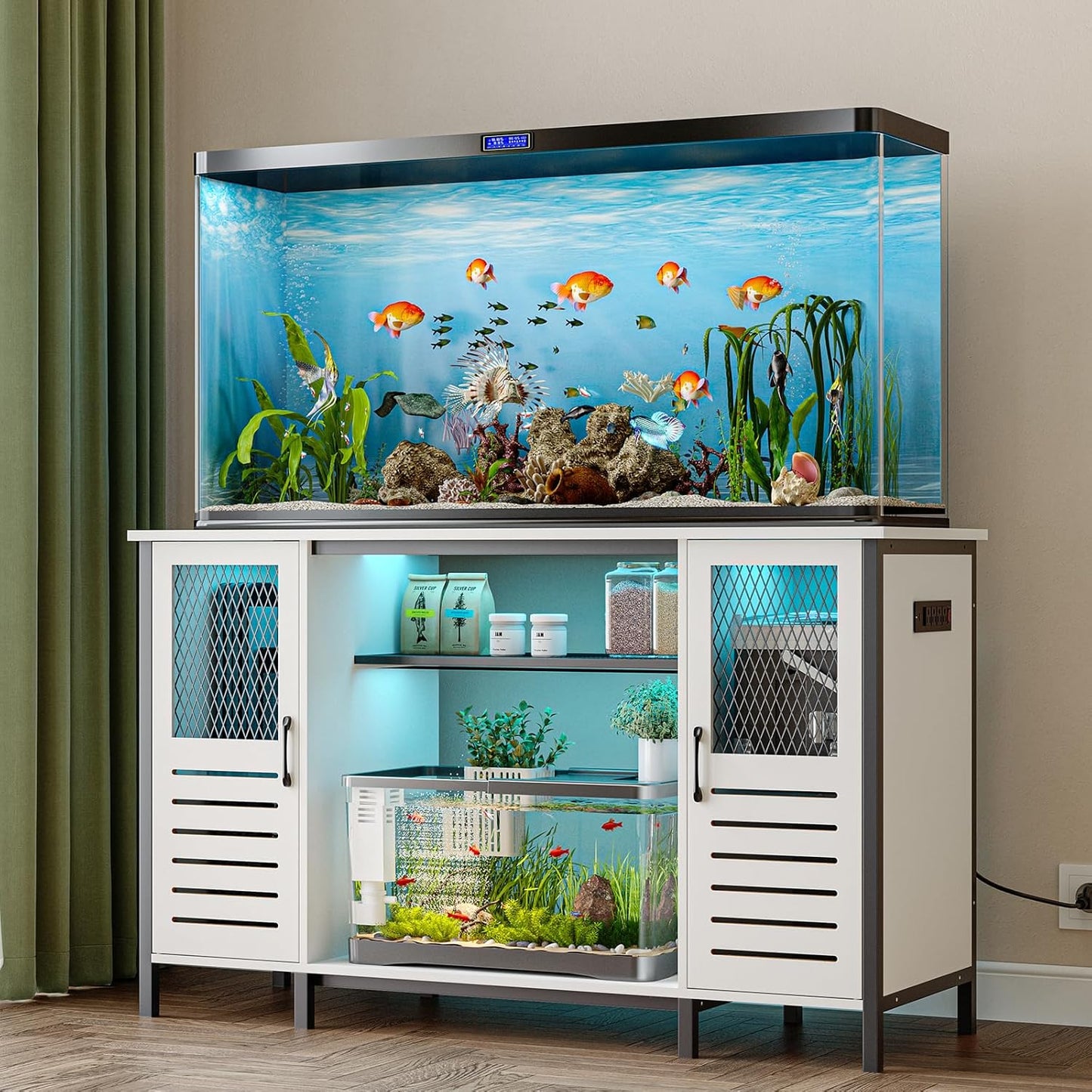 EAG 55-75 Gallon Fish Tank Stand with Power Outlets & LED Light, Heavy Duty Aquarium Stand with Adjustable Shelves, Turtle Reptile Terrarium Tank Stand with Cabinet, 1250LBS Capacity, White
